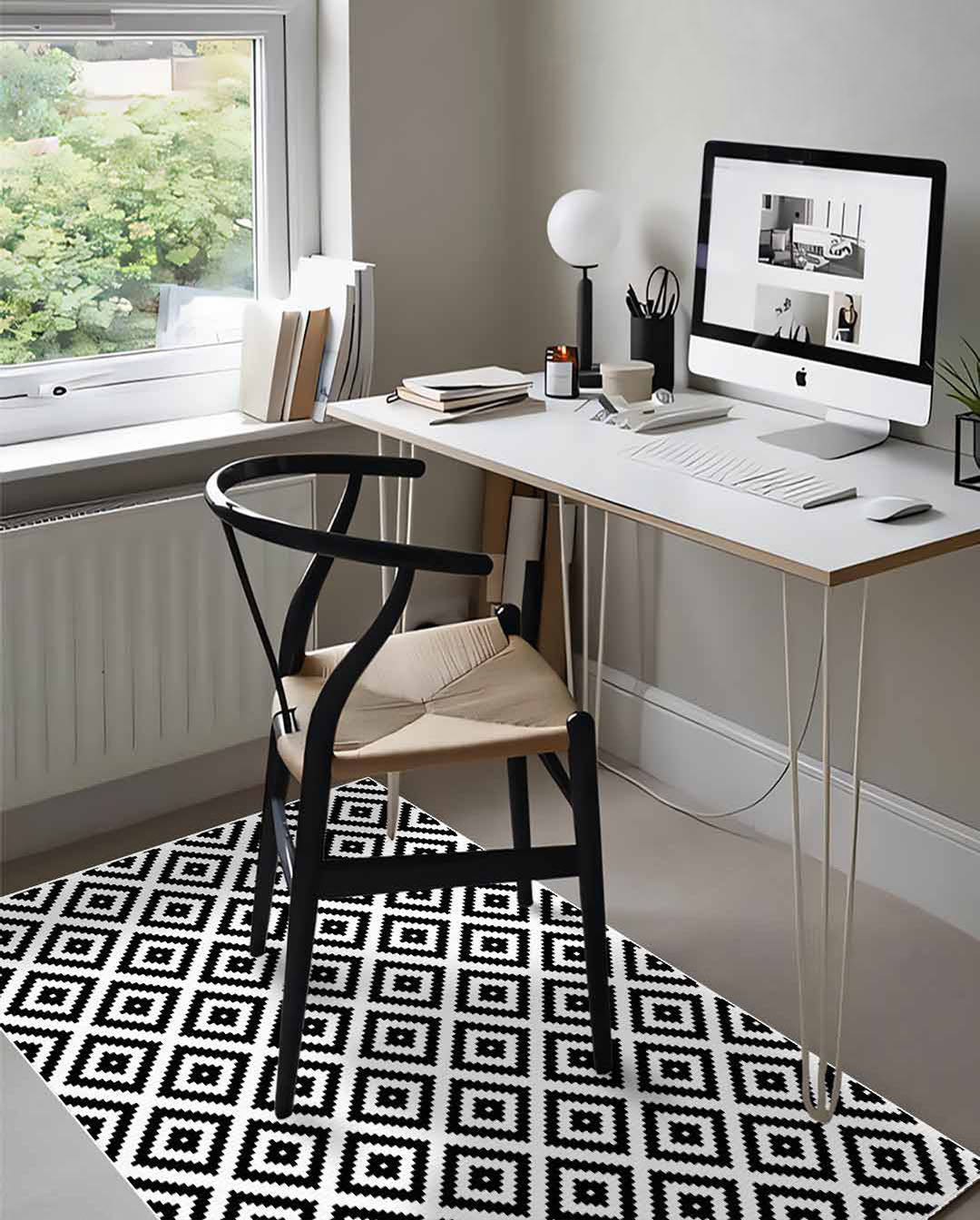 Weicher und glänzender geometrischer Teppich Dina in Schwarz und Weiß