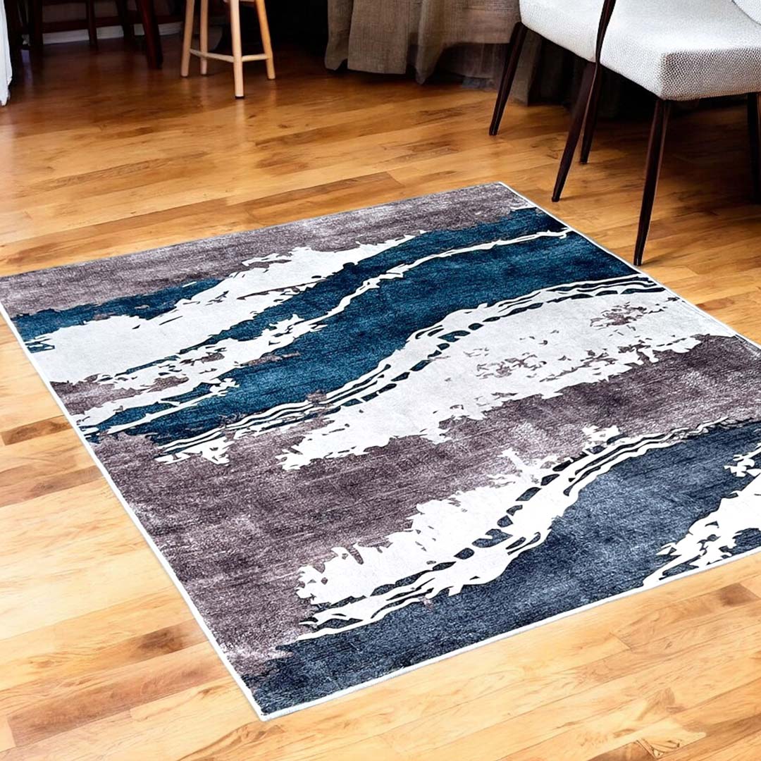 Moderner Teppich Wellenmuster Beige Blau – Abstraktes Design für Wohnzimmer