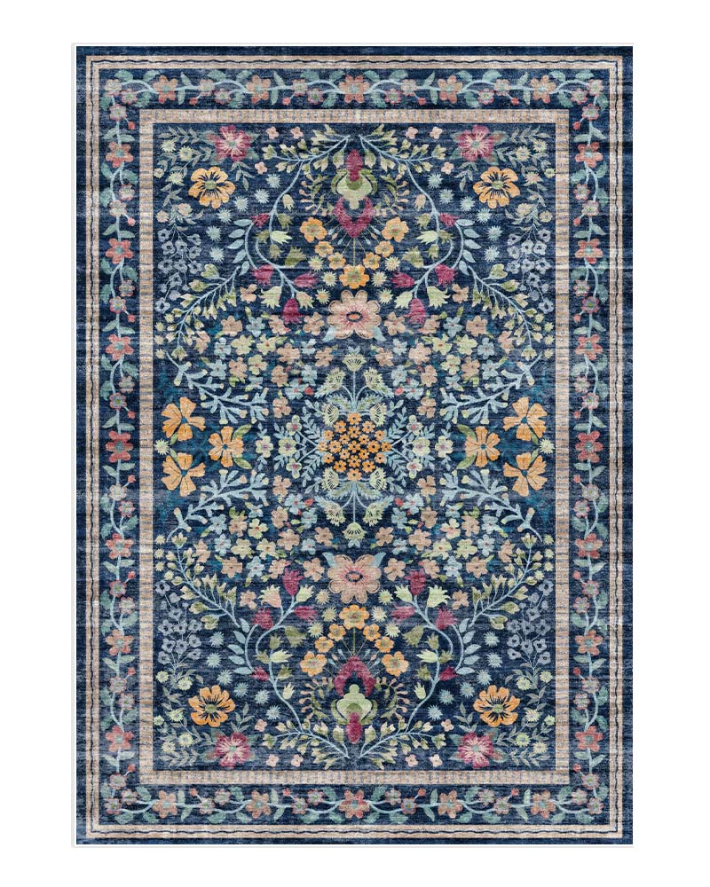 Sötétkék virágmintás vintage szőnyeg – 200×300 cm