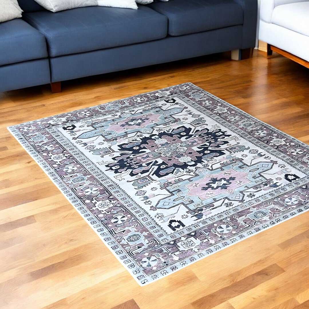 Vintage Teppich Orientalisches Muster Rosa Blau – Klassischer Teppich im Boho-Stil